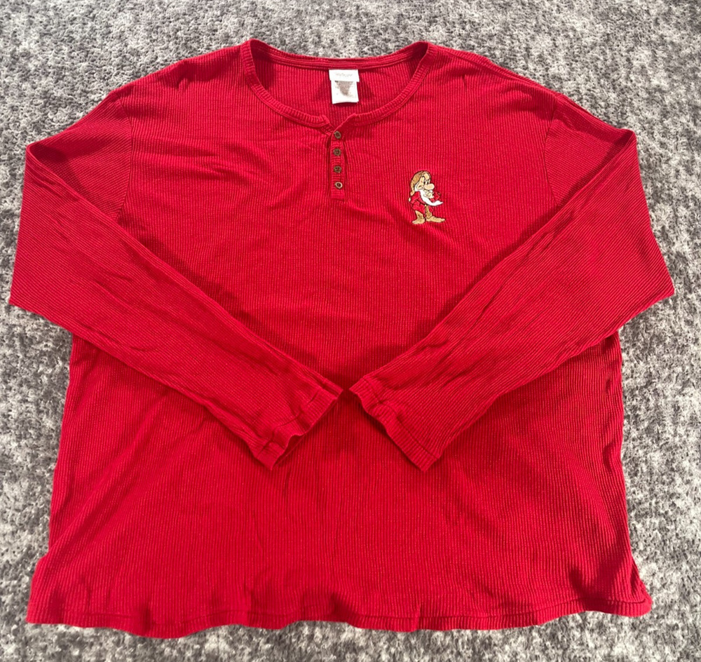 Vintage Disney Store Grumpy Embroidered Henley Shirt Men's XL Waffle Knit Red